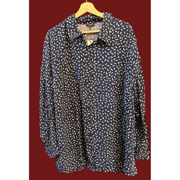 NWT Talbots Plus 3X Navy Blue Feather Print Button-Up Blouse Casual Relaxed - Picture 1 of 6
